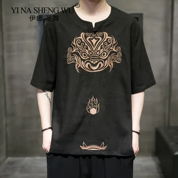 Kitajski Slog Priložnostne Perilo Kratek Rokav T-shirt Retro Velika Moda Vezene Hanbok Je Nov Stil za Moške v 2021 Poletje