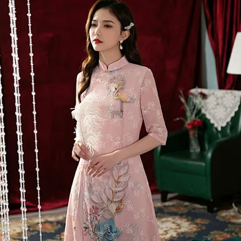 Ženske Šifon Poletje Žerjav Vezenje Stranka Obleko Elegantno Kitajski Tradicionalni Ženski Qipao Novost Lady Cheongsam